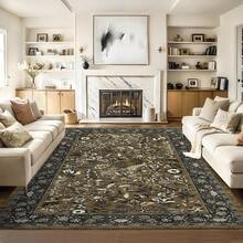 Botanical Printed Area Rug Vintage Floral Rug Washable Area Rug Stain Resistant Non-Slip Foldable Interior Decorative Rug For Bedroom Farmhouse Apartment Dining Room Laundry Room - 棕色 - 查看 2