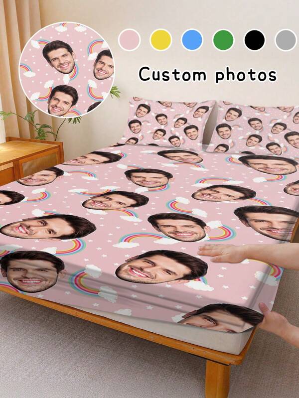 3pcs Personalized Photo Bed Sheets, Pink Rainbow Star Cloud Print Bedding,Bed Comforter Set, Includes 1 Large Sheet And 2 Pillow Covers. Comfortable, Breathable, Anti-Pilling, And Dustproof. Non-Slip Design Fits Double, Full, Queen, And King Beds. Machine Washable And Dry Cleanable. Perfect For Home And Bedroom Decor, Personalized Gifts, And Room Decoration,Friend,Couple,Sisters And Brothers.