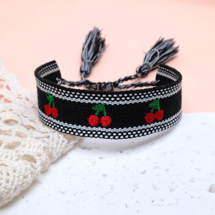 1 chiếc vòng tay tua rua cổ điển thêu hình quả đào thủ công sáng tạo phong cách Boho thường ngày dễ thương, thích hợp làm quà tặng cho gia đình, bạn bè, học sinh, ngày lễ, tiệc tùng, du lịch - màu đen - Xem 1