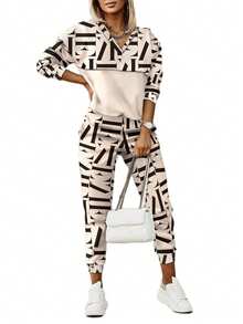 Conjunto de dos piezas para mujer, camisa y pantalones deportivos con estampado de letras casuales de estilo vintage boho para ropa urbana. - Beis - Ver 1