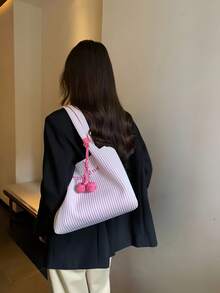 Chio2nd Commuter Pink Wave Tote Bag 2024 New Fashion Large Bag Women's Shoulder Bag Color Matching Knitted Bag, Suitable For Office Workers, Ladies, Girls(Without Pendant)