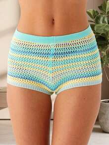Women's Y2K Striped Crochet Knit Shorts Rainbow Color Block Elastic Waisted Comfy Lounge Mini Shorts - Màu xanh lam - Xem 4