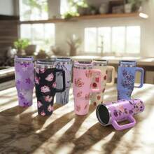 40 OZ/1200ML Floral Stainless Steel Thermal Mug With Handle, Lid, And Straw For Coffee, Tea, Juice, Or Water. Designed To Be Portable, Ideal For Travel, The Gym, The Car, The Office, And As A Gift. - 白樹葉 - 查看 1