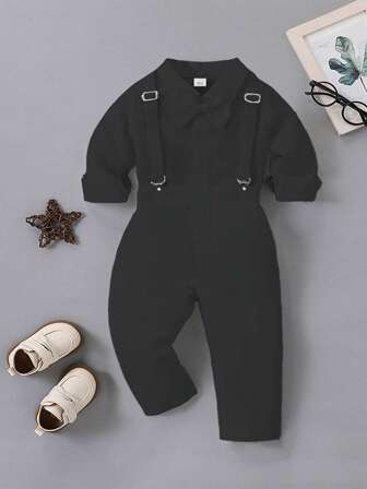 1st Birthday Outfit For Baby Boy Flower Boy, School Party Suit, Gentleman Attire - Black Shirt + Suspender Pants Set