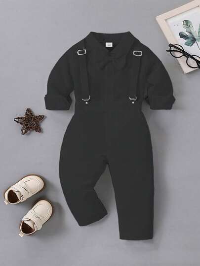 1st Birthday Outfit For Baby Boy Flower Boy, School Party Suit, Gentleman Attire - Black Shirt + Suspender Pants Set