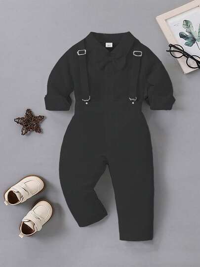 1st Birthday Outfit For Baby Boy Flower Boy, School Party Suit, Gentleman Attire - Black Shirt + Suspender Pants Set
