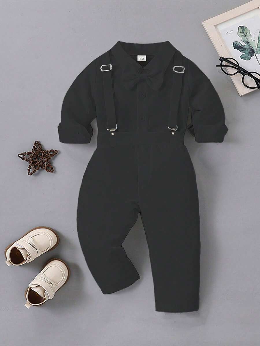 1st Birthday Outfit For Baby Boy Flower Boy, School Party Suit, Gentleman Attire - Black Shirt + Suspender Pants Set - Black - View 1