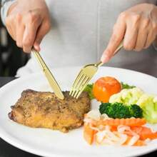 10/25/50/75/150 件镀金餐具套装，蛋糕/沙拉叉，甜点/寿司叉，意大利面叉，牛排刀，沙拉用具，可重复使用的餐具套装，适用于派对、生日、户外活动、婚礼、家庭聚会、退休、乔迁、圣诞节 - 金色 - 查看 5