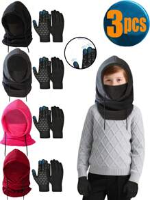 3 件套 3-8 岁/8-12 岁儿童冬季拉法帽滑雪面罩和触摸屏手套套装，黑色/灰色/酒红色/玫瑰红色，保暖可调节羊毛衬里帽子，适合男孩和女孩 - 1PC - 查看 2