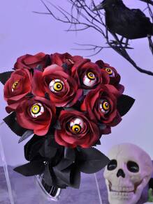 2PCS/5PCS/10PCS 玫瑰人造花人造血玫瑰和眼睛花束仿真单枝长茎假丝玫瑰束适合派对、家庭、万圣节 DIY 装饰 - 萬聖紅玫瑰黃眼 - 查看 5