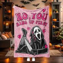 1pc Halloween Theme Fleece Blanket, Featuring Scream Face "NO, YOU HANG UP FIRST" & Heart Pattern, Plush Flannel Blanket For Autumn, Super Soft Valentine's Day Gift Blanket, Holiday Decor & Gift Choice, Suitable For Living Room, Bedroom, Office, Camping, Party, Gift For Family & Friends, Nap Blanket | Sofa Throw | Air Conditioning Blanket, Multiple Sizes Available, Pink Blanket