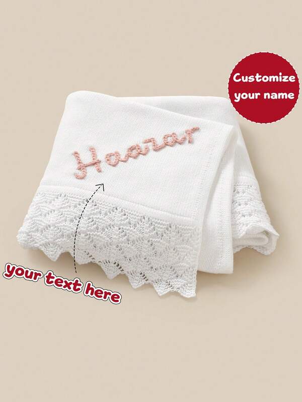 Manta para niños de unicolor con nombre personalizado, artesanía exquisita de encaje bordado, ambiente suave y acogedor, adecuada para todas las estaciones.