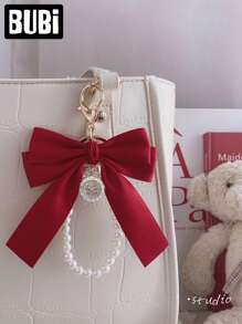 Pearl Bow Keychain For Women Female Lady Girls Fashion Ornaments Universal Bag Pendant Car Key Chain Wristlet Handbag Decoration Holiday Gift Auto Accessories
