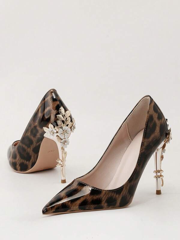 Elegant Metallic Floral Pointed Toe Satin High Heel Shoes, Fashionable & Sexy