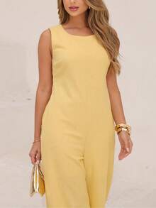 Elegant Linen Wide Leg Jumpsuit With Discreet Pockets - Yellow - View 4