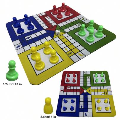 1 套 Ludo 旅行游戏套装，全新 9.5 英寸折叠橡胶棋盘，含 16 个棋子和 1 个骰子，适用于经典便携式策略游戏家庭 Ludo 学习游戏