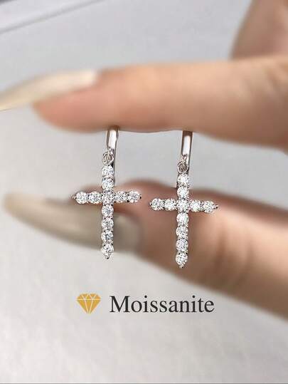 1 par de pendientes de aro de cruz de plata de ley 925 con moissanita, regalo de boda/compromiso para mujeres, joyería de aniversario