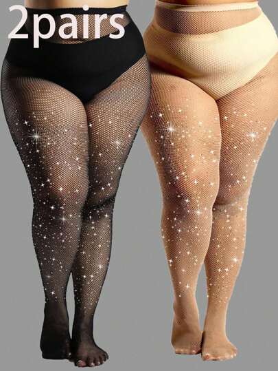 2 Pairs Of Plus-Size Women's Rhinestone-Embellished Skin-Tone Black Fishnet Stockings, High-Stretch Small Mesh Tights, Sparkling Nightclub Dancing Stockings, Suitable For All Seasons, Gothic Style, Fashionable And Versatile.Tights Plus Size,Tights,Festival Outfits Women