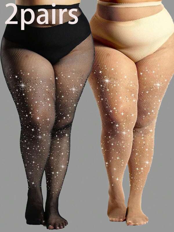 2 Pairs Of Plus-Size Women's Rhinestone-Embellished Skin-Tone Black Fishnet Stockings, High-Stretch Small Mesh Tights, Sparkling Nightclub Dancing Stockings, Suitable For All Seasons, Gothic Style, Fashionable And Versatile.Tights Plus Size,Tights,Festival Outfits Women