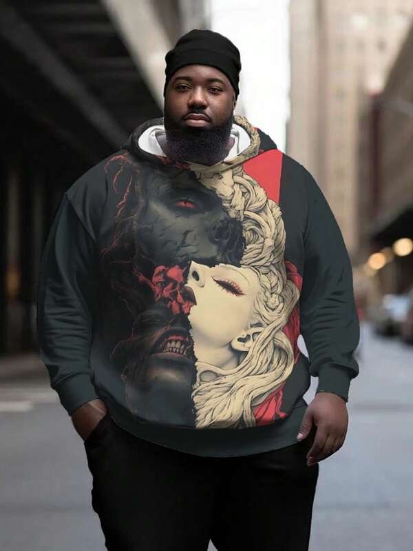 Sudadera con capucha de manga larga para hombre de talla grande con estampado de retrato dorado y monstruo en blanco y negro, moda casual oscura, sudadera tipo pullover, adecuada para ejercicio al aire libre, correr, cenar, versátil para hombres en primavera/otoño