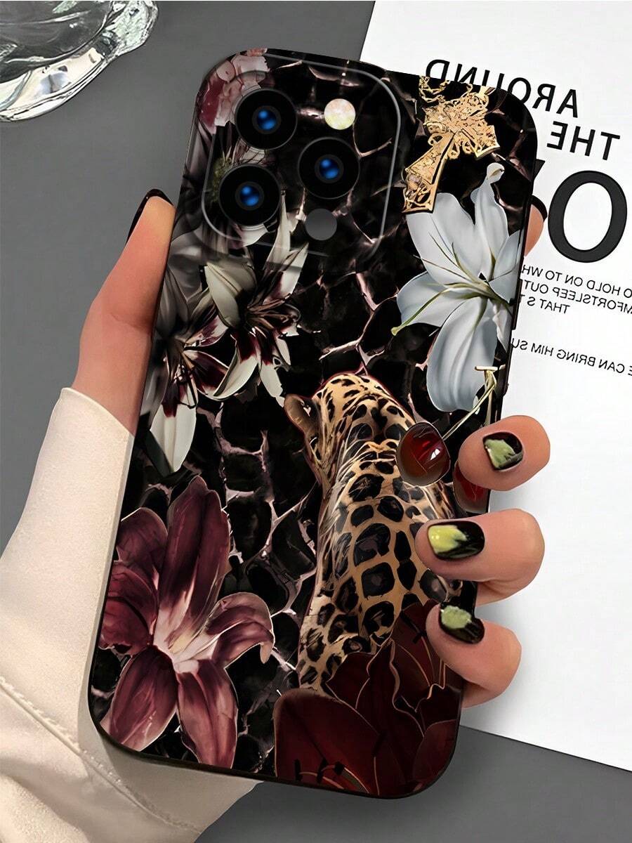 Schwarzer Hintergrund, Leopard, Lilien, Kirschen, Kreuz geeignet für iPhone 16, 15, 14, 13, 12, 11, PRO MAX, X, XS, XR, PLUS, 16E, SE4, MINI sowie Galaxy S22/23/24/25Ultra/EDGE+ - Verschiedenfarbig - Übersicht 1
