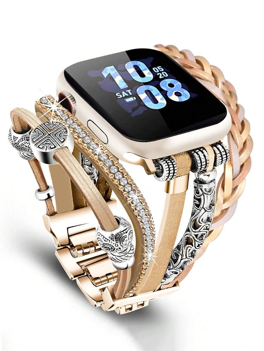 1件裝奢華玫瑰金人造皮革錶帶，相容 41mm、40mm、38mm、45mm、44mm、42mm、49mm，女款波希米亞風多層纏繞手鍊錶帶，適用於 Series Ultra 10、9、8、7、6、5、4、3、2、1、SE - 玫瑰金 - 查看 1