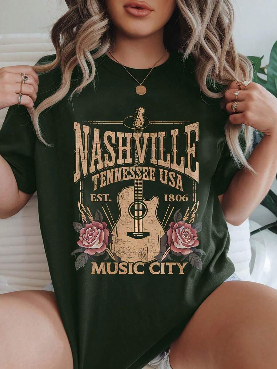 Women's Casual Short Sleeve Round Neck T-Shirt - Dark Green - View 1