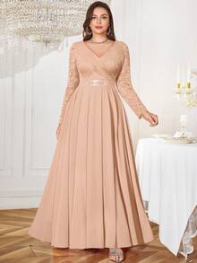 Plus V-Neck Floral Lace Contrast Chiffon Rhinestone Ribbon Waist Formal Party Long Dress, Valentine's Day Dress, Wedding Guest Dress, For Prom, Festivals, Graduation, Dinner - Champagne - View 6