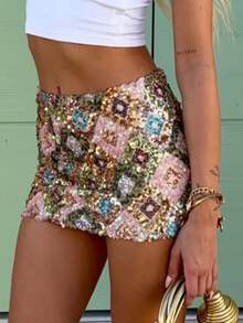 Womens Y2k  Sparkle Sequins Mini Skirts Mid Rise Shiny Glitter Short Skirts Summer  Retro Grunge Skinny Skirts  Casual Going Out Shiny Glitter Skirts Party Club Daily Streetwear Clubwear - 粉色 - 查看 6