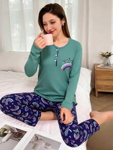 Mirano Slogan Print Short Sleeve Top & Cherry Pattern Long Pants Pajama Set - Green - View 5