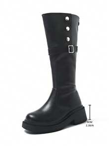 女式中筒骑士靴，2024年秋冬新款，带扣设计，高筒，厚底，过膝靴 - 黑色 - 查看 6