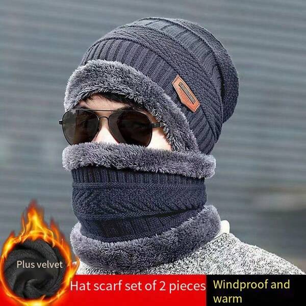 1 Set einfarbige gestrickte Mütze & Halswärmer, mit Fleece gefüttert, geeignet für Outdoor, Straße, täglichen Gebrauch, modische Beanie, ideales Geschenk