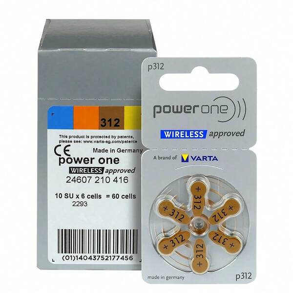 60 Pilhas/Baterias POWER ONE para Aparelho Auditivo - tamanho 312 - SELO MARROM