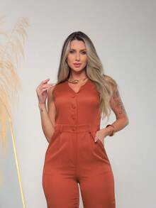 Women's Tailored Jumpsuit With Button At The Front C3154 - Burnt Orange - View 5