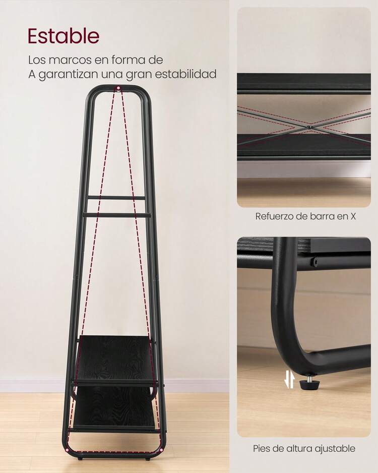 VASAGLE Perchero Burro, Perchero Recibidor con 2 Estantes, 6 Ganchos en Forma de S, Marco de Acero, 45 x 100 x 160 cm, para el Dormitorio, Negro Ébano y Negro Mate - Negro - Ver 3