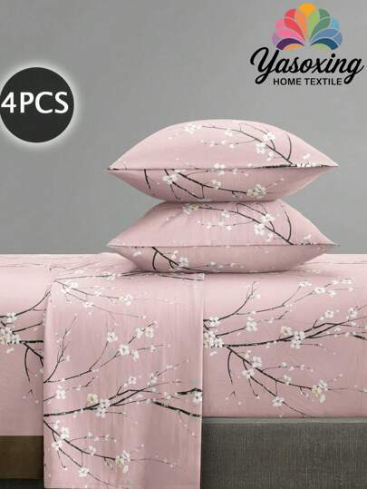 4pcs Pink Plum Blossom Pattern Bedding Set, Soft Microfiber Bedding Set Includes 1 Bed Sheet, 1 Fitted Sheet, 2 Pillowcases, Suitable For Twin, Full, Queen, King Size Beds, Deep Pocket Fitted Sheet Fits Up To 11.8 Inch Mattress, Breathable And Wrinkle-Free, Luxury Hotel Style, Great Gift For Parents, Friends, Dorm Room