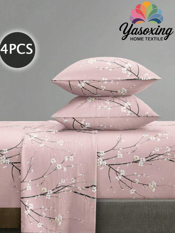 4pcs/Set Pink Plum Blossom Branch Flower Pattern Sheet Set Easy Care Microfiber Soft Bedding Set Floral Fitted Sheet Set (1pc Flat Sheet+1pc Fitted Sheet+2pcs Pillowcases) Fitted Sheet Set King Queen Full TWIN SIZE Sheet Deep Pocket Up To 11.8 Inch Pillowcase, Soft Breathable Wrinkle-Free Better For Sleep, Luxury Hotel Style, Gift For Mom Dad Friend Domitory Bedding Back School Bedding