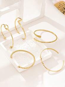 Set de 5 piezas de brazaletes metálicos minimalistas y geométricos asimétricos para mujeres, que incluyen elementos de onda y nudo, adecuados para uso diario, fiesta, cumpleaños, joyería punk callejera, regalo elegante