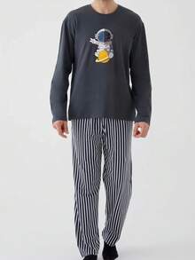 Piżama męska na wiosnę i jesień, okrągły dekolt, bluza z nadrukiem astronauty i niedźwiedzia, długi rękaw, spodnie w paski, dwuczęściowy zestaw, swobodny, wygodny, można nosić poza domem, ubrania na zimę - Wielokolorowe - Zobacz 3