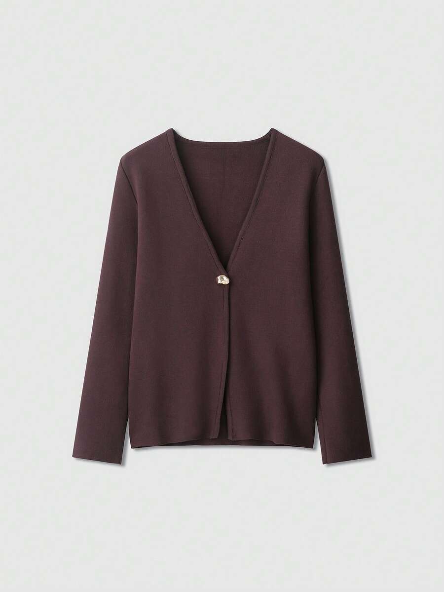 V-Neck Solid Color Casual Knit Sweater With Metal Buttons, Suitable For Spring/Autumn/Winter - Brown - View 1