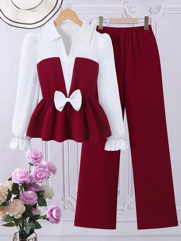 2pcs/Set Girls Elegant Collar Bow Decor Long Sleeve Top And Wide Leg Pants, Fashion Autumn Outfit