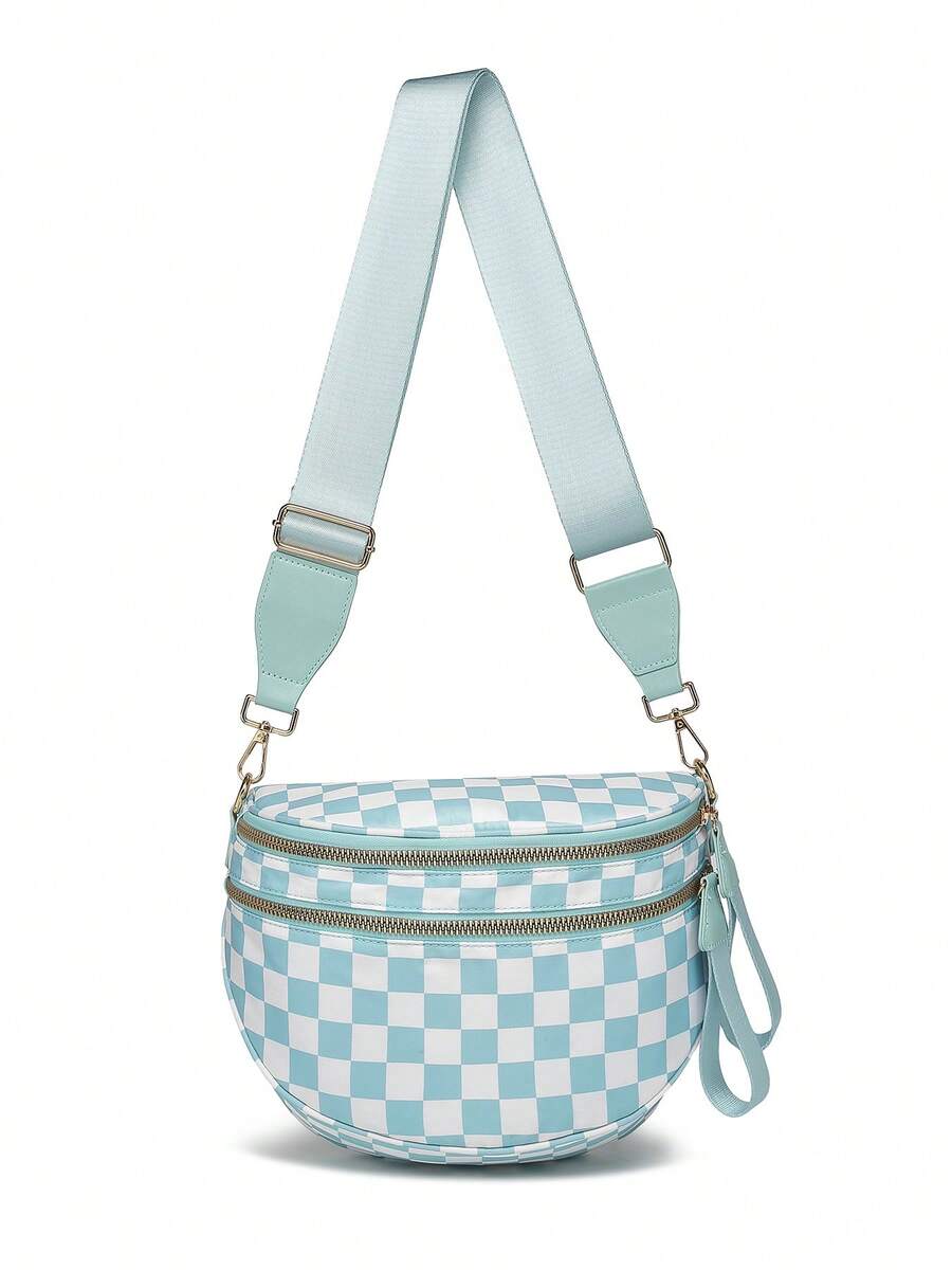 Classic Checkered Design Crossbody Bag–Matches Diverse Styles For Outings, Commutes & Leisure Time  Ample Space For Daily Errands, Casual Outings & Travel Adventures - 冰藍格子 - 查看 1