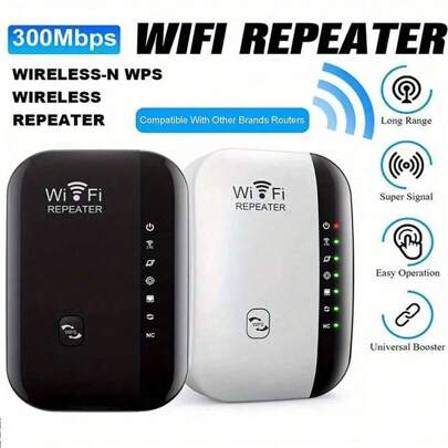 300Mbps WiFi Range Extender And Amplifier - Enhance Network Coverage, With Ethernet Port, Easy Setup, Alexa Compatible, Network Signal Booster | Modern Wireless Repeater | Home WiFi Signal Booster, Black & White