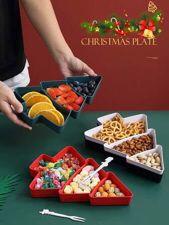 1 طبق بشكل شجرة عيد الميلاد - أطباق مقسمة باللون الأحمر لعيد الميلاد للمكسرات والحلويات والفواكه المجففة وبذور البطيخ، بلاستيك، تصميم طعام، مثالي لتجمعات العطلات، لوازم الحفلات. أطباق عيد الميلاد، ديكور عيد الميلاد الإبداعي، طبق وجبات خفيفة مقسم، هدية العطلات