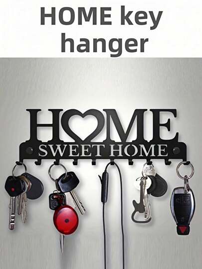 1pc Metal Wall Hook, Heart & "Home" Design, Sturdy Iron Material, Matte Black Finish, Rust & Waterproof, Suitable For Kitchen, Bathroom, Entryway, Key/Towel Rack