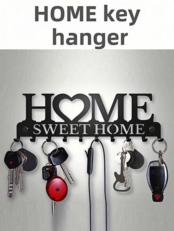 1pc Metal Wall Hook Decorative Heart Shaped Letter "Home" Design, Sturdy Iron Material, Matt Black Finish, Rust-Proof, Waterproof, Ideal For Kitchen, Bathroom, Entryway, Key/Towel Holder