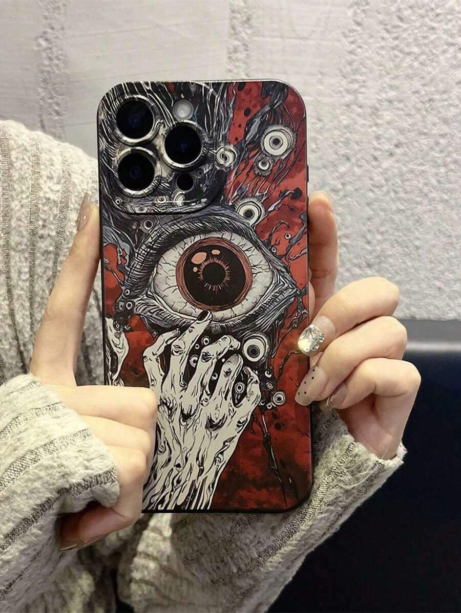 1pc Funda de Teléfono con Textura Negra Mate con Orificio para Lente, Cobertura Completa, Gráfico de Gesto de Ojo de Demonio Colorido, Compatible con iPhone 16 Pro Max/S24 Ultra/S23/A53/A16 Impermeable a Prueba de Golpes Resistente a Rasguños - Estilo 1 (1 pieza) - Ver 1