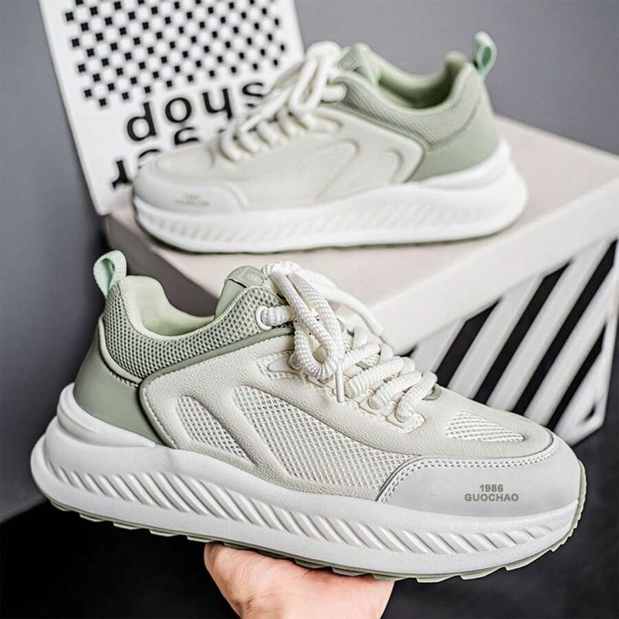 Zapatos de malla hueca transpirables de primavera para hombre, zapatos deportivos casuales, zapatos deportivos para correr con aumento de altura que combinan con todo - Verde - Ver 1
