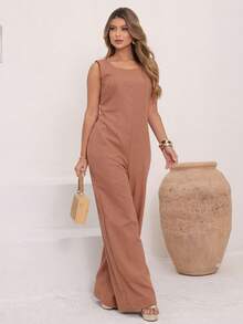Elegant Linen Wide Leg Jumpsuit With Discreet Pockets - Mocaccino - View 3