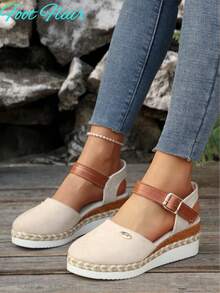 Foot Flair Women's Extra Large Size Patchwork One-Buckle Slingback Hemp Rope Sole Beach Sandals, Summer New Lightweight Platform Roman Flat Sandals - Beige - View 3